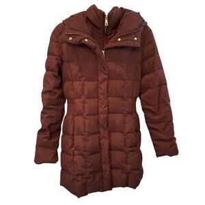 Cole Haan Signature Hooded Down Puffer Coat Small Merlot Baffle-Box Quilted